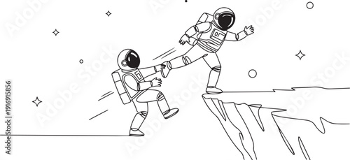 Single continuous line drawing young astronaut kick throw colleague off cliff or hill. Eliminate rival coworker. Rivalry and competition. Cosmonaut deep space. one line Icon drawing