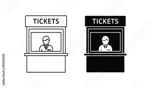 Black and white illustration of two ticket booths with a person inside each one