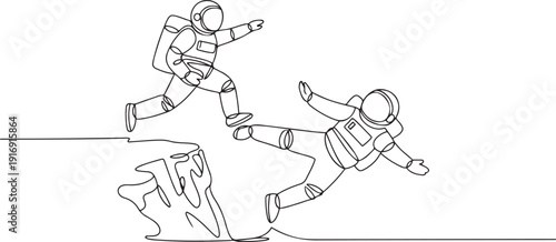 Single continuous line drawing young astronaut kick throw colleague off cliff or hill. Eliminate rival coworker. Rivalry and competition. Cosmonaut deep space. one line Icon drawing