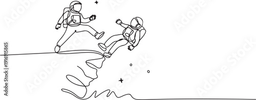 Single continuous line drawing young astronaut kick throw colleague off cliff or hill. Eliminate rival coworker. Rivalry and competition. Cosmonaut deep space. one line Icon drawing