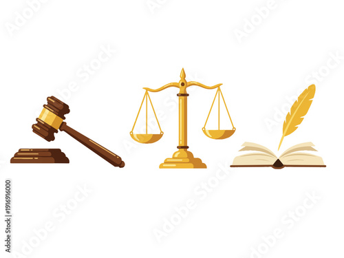Law and justice symbols  gavel  scales of justice  book  feather pen
