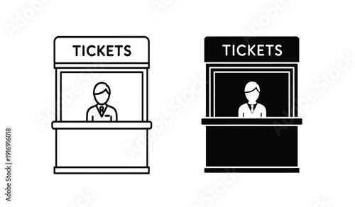 Two ticket booth icons with people selling tickets in black and white