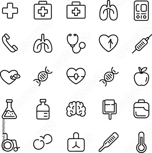 medical, healthcare, hospital, icons, line, vector, heart, lungs, syringe, stethoscope, brain, medicine, treatment, diagnosis, clinic, wellness, anatomy, therapy, collection, set