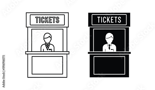 Two ticket booths with clerks one in black and white and the other in white and black