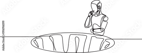 Continuous one line drawing robot standing wondering, looking at big hole. Humanoid robot cybernetic organism. Future robotics development concept. one line Icon drawing