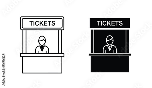 Two ticket booth icons with a person selling tickets in black and white
