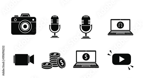 Collection of essential digital content creation and monetization icons for modern media production themes