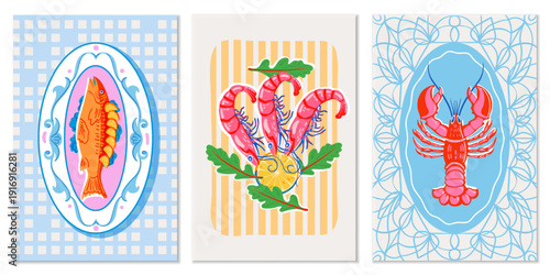Seafood poster set with fish, shrimp and lobster in decorative vintage style. Bright illustration with ornamental frames, stripes and pastel colors for menu, print and design.