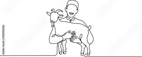 One continuous line drawing of young happy muslim holding a goat. Muslim holiday the sacrifice a sheep or goat to God, Eid al Adha greeting card concept. one line Icon drawing