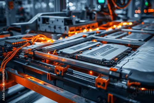lithium-ion high-voltage battery component on assembly line of plant