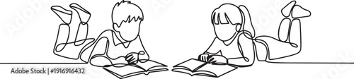 Continuous one line drawing two kids boy and girl reading, learning and laying down on the floor. Study at home. Smart students, education concept. one line Icon drawing