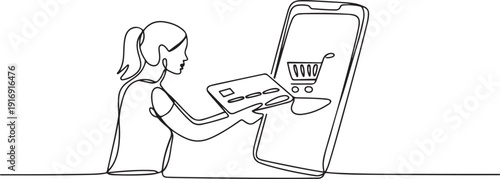 Single one line drawing young woman inserting credit card into canopy smartphone screen with shopping cart. Digital payment concept. one line Icon drawing