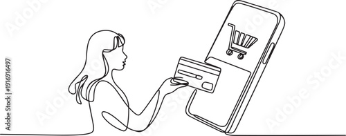 Single one line drawing young woman inserting credit card into canopy smartphone screen with shopping cart. Digital payment concept. one line Icon drawing