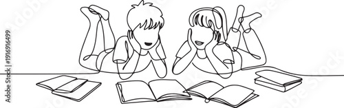 Continuous one line drawing two kids boy and girl reading, learning and laying down on the floor. Study at home. Smart students, education concept. one line Icon drawing