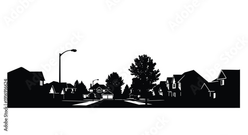 Black and white silhouette graphic depicts a quiet suburban neighborhood street scene at night