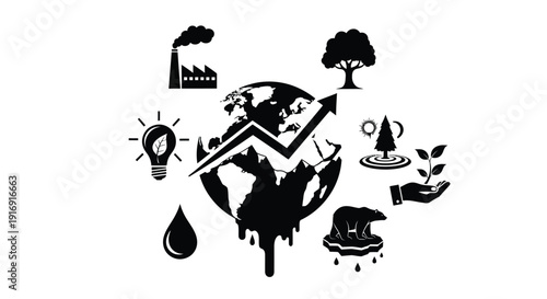 Icons illustrating environmental crisis challenges and global warming impact on the planet