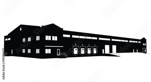 Silhouette graphic of a large industrial warehouse building featuring multiple loading docks and windows