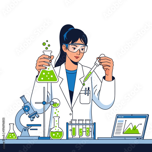 Scientist Woman Working in Laboratory with Microscope and Flasks