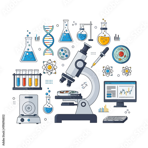 Microscope, DNA, Test Tubes, Beakers & Science Icons - Laboratory Research