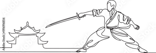 One single line drawing of young energetic shaolin monk man exercise kung fu fighting with sword at temple vector illustration. Ancient martial art sport concept. one line Icon drawing