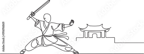 One single line drawing of young energetic shaolin monk man exercise kung fu fighting with sword at temple vector illustration. Ancient martial art sport concept. one line Icon drawing