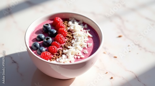 Rainbow-topped smoothie bowl with coconut and berries on marble, healthy trendy children breakfast and vibrant morning energy