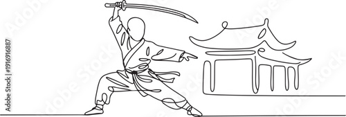 One single line drawing of young energetic shaolin monk man exercise kung fu fighting with sword at temple vector illustration. Ancient martial art sport concept. one line Icon drawing