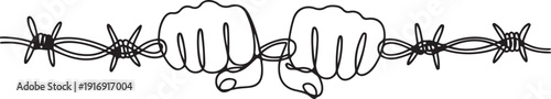 Single continuous line drawing hands holding barbed wire. It's gone beyond the limit. Move to fight. Demand the equality. Strong and just. one line Icon drawing
