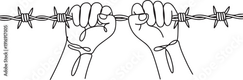 Single continuous line drawing hands holding barbed wire. It's gone beyond the limit. Move to fight. Demand the equality. Strong and just. one line Icon drawing