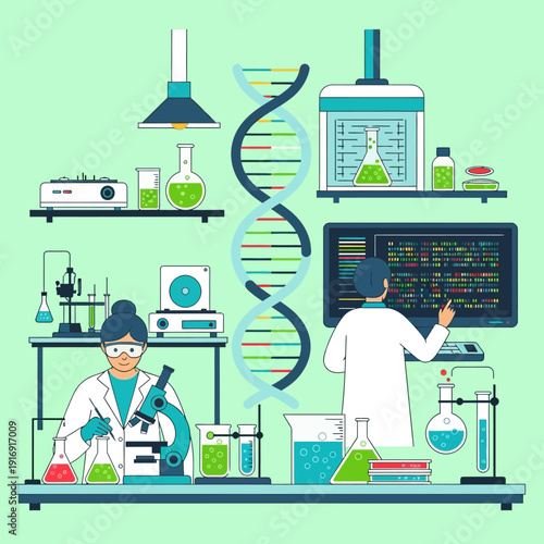 Biotechnology research lab with scientists, DNA, microscope, computer, and equipment