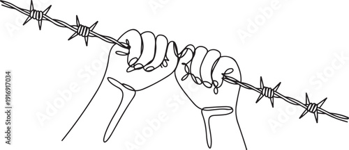 Single continuous line drawing hands holding barbed wire. It's gone beyond the limit. Move to fight. Demand the equality. Strong and just. one line Icon drawing