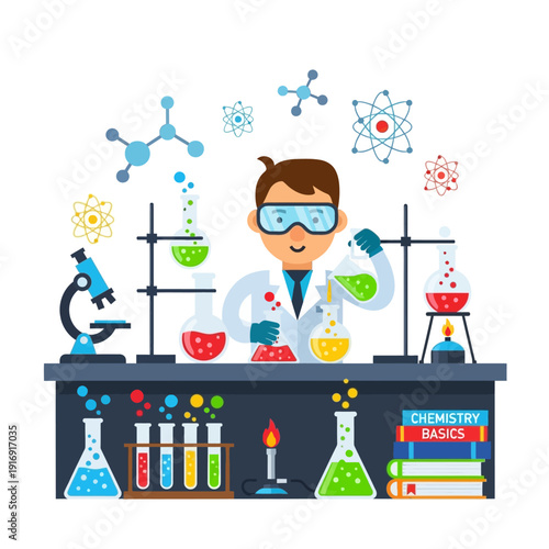 Young Scientist Conducting Chemical Experiment in Laboratory with Molecules and Equipment