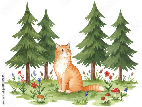Orange cat sitting on green grass in forest with pine trees and colorful flowers and mushrooms