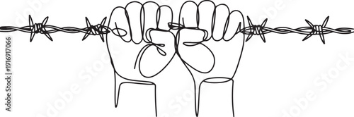 Single continuous line drawing hands holding barbed wire. It's gone beyond the limit. Move to fight. Demand the equality. Strong and just. one line Icon drawing