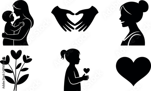 Collection of black silhouette representing love family and connection white heart