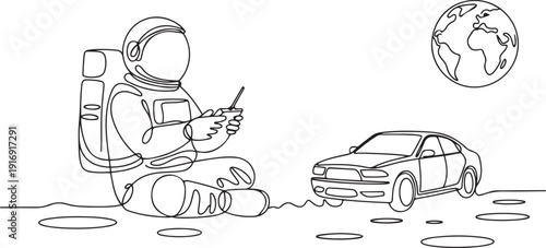 Single continuous line drawing of astronaut playing sedan car radio control in moon surface. Having fun in leisure time on outer space concept. one line Icon drawing