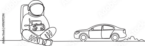 Single continuous line drawing of astronaut playing sedan car radio control in moon surface. Having fun in leisure time on outer space concept. one line Icon drawing