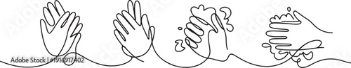 Continuous one line drawing twelve steps hand washing by rubbing the palms of the hands with soap until they are clean from germs. Hand hygiene. one line Icon drawing