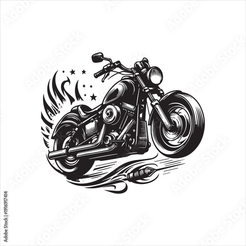 Vector illustration of a motorcycle with flames and stars on a white background, showcasing a dynamic design with bold lines and shading.