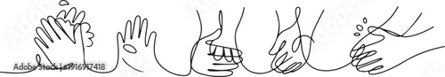Continuous one line drawing twelve steps hand washing by rubbing the palms of the hands with soap until they are clean from germs. Hand hygiene. one line Icon drawing