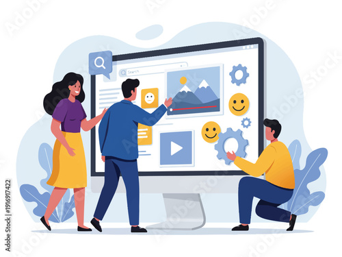 People interacting with large computer screen displaying social media and video content  online collaboration and communication concept