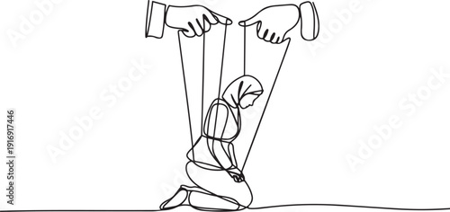 Single one line drawing Arab businesswoman kneel, whole body bound by ropes controlled by giant hands. Without hope. Hopeless. Bankrupt. Like a puppet. one line Icon drawing