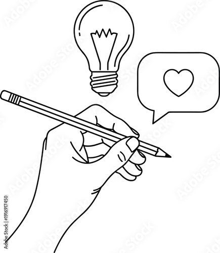 Hand drawing light bulb and heart with pencil on paper sketch concept