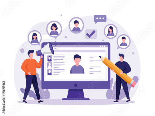 People interacting with computer screen for online recruitment and social media communication  modern flat design