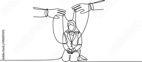Single one line drawing Arab businesswoman kneel, whole body bound by ropes controlled by giant hands. Without hope. Hopeless. Bankrupt. Like a puppet. one line Icon drawing