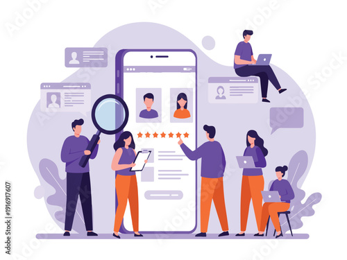 People interacting with large smartphone reviewing profiles ratings and data on screen  modern technology and social media concept