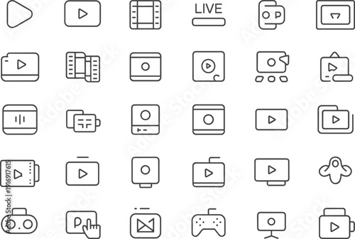 video, media, streaming, icons, line, vector, player, camera, live, recording, film, multimedia, interface, broadcast, digital, playback, entertainment, screen, control, collection