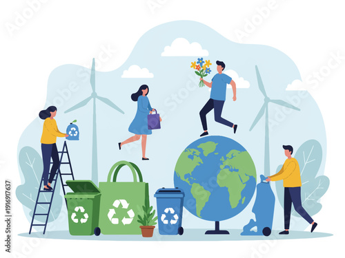 People recycling and taking care of the earth with wind turbines and green plants  eco friendly lifestyle