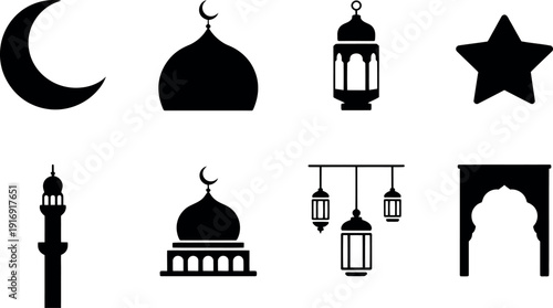 Collection of Islamic cultural symbols including crescent moon mosque dome minaret star lantern and arched doorway