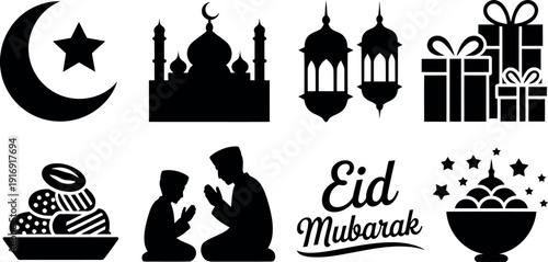 Islamic crescent moon mosque lanterns gifts prayer food Eid Mubarak stars minaret
